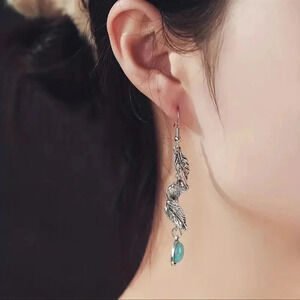 Silver Twisted Feather Turquoise Bohemian Earrings